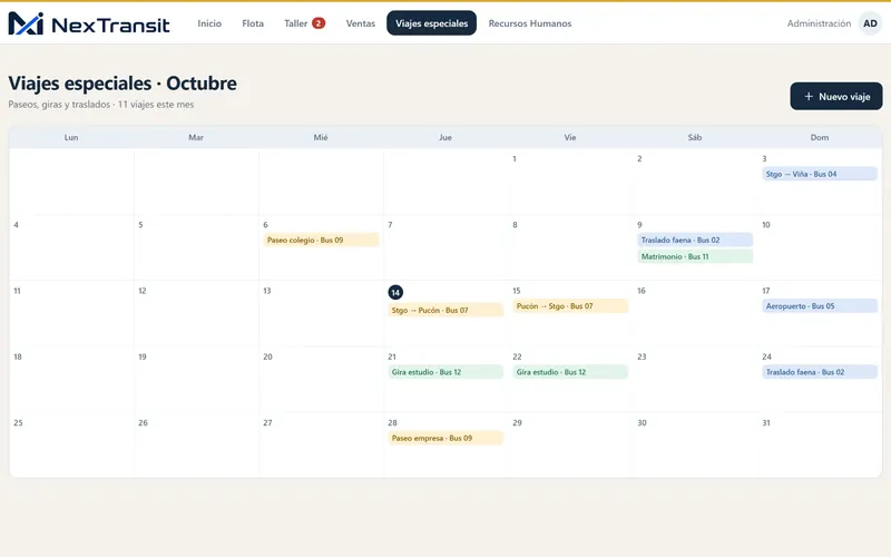 Calendario de viajes especiales